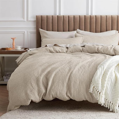 Bedsure Cotton Duvet Cover King - 100% Cotton Waffle Weave Beige Duvet Cover King Size, GentleSoft™ and Breathable Bedding Set for All Season, 3 Pieces, 104"x90"