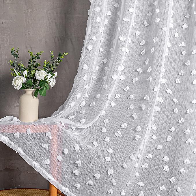 MYSKY HOME Pom Pom White Sheer Curtains for Bedroom Girls Room Curtains 120 Inches Long for Nursery Kids Light Filtering Boho Window Drapes, Rod Pocket, 38" Wide, 2 Panels