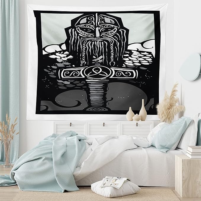Lunarable Viking Tapestry, Thor Son of Odin Monochrome Design Guardian of Asgard Scandinavian Culture, Fabric Wall Hanging Decor for Bedroom Living Room Dorm, 45" X 30", Black White