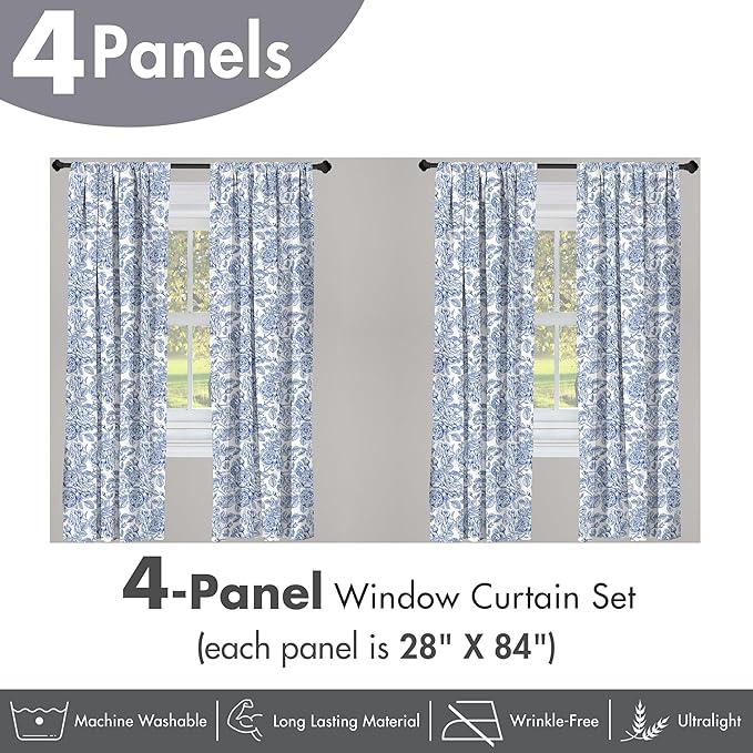 Ambesonne Rose Window Curtains Pack of 2, Vintage Design of Monochromatic Flowers with Leaves Drawing, Lightweight Set with Rod Pocket, 4 Panels of - 28" x 84", Pale Blue