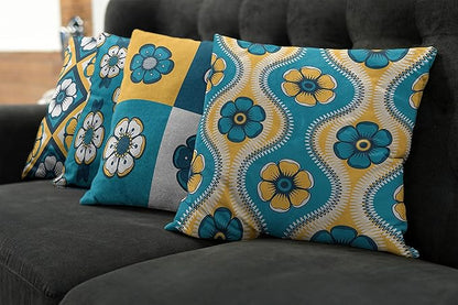 Ambesonne Vintage Throw Pillow Cushion Case Pack of 4, Nostalgic Look Abstract Flowers Squares Tile Mosaic Inspired Motif, Modern Accent Double-Sided Digital Printing, 24", Petrol Blue and Pale Orange