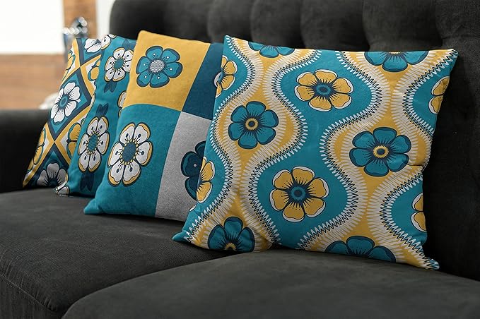 Ambesonne Vintage Throw Pillow Cushion Case Pack of 4, Nostalgic Look Abstract Flowers Squares Tile Mosaic Inspired Motif, Modern Accent Double-Sided Digital Printing, 18", Petrol Blue and Pale Orange