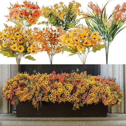 10pcs Fall Artificial Outdoor Branch with Sunflower Daisy for Indoor Outside Hanging Plants Garden Porch Window Box Home Wedding Farmhouse Décor