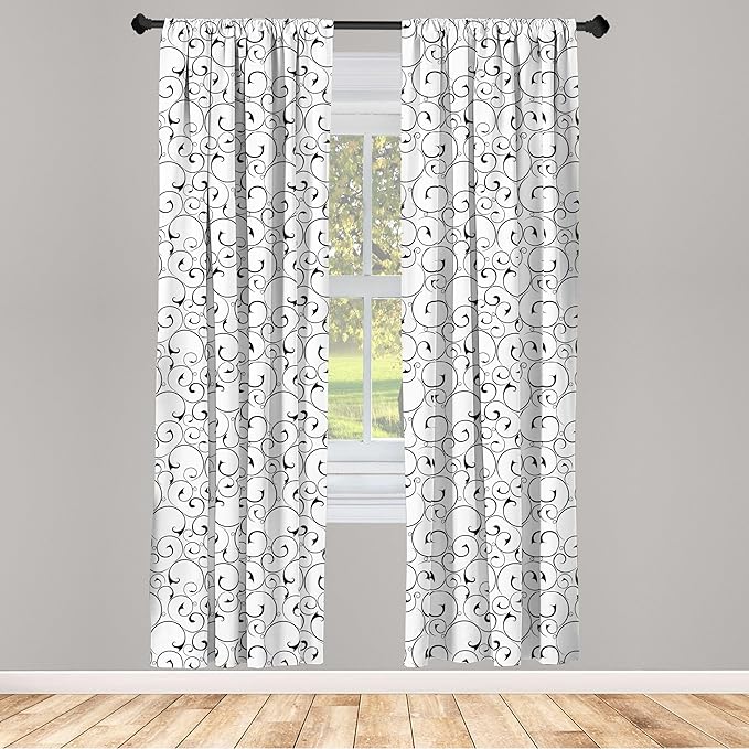 Ambesonne Black and White Curtains, Vintage Swirls Pattern with Monochrome Ornamental Old-Fashioned Design, Window Treatments 2 Panel Set for Living Room Bedroom, Pair of - 28" x 63", Black White