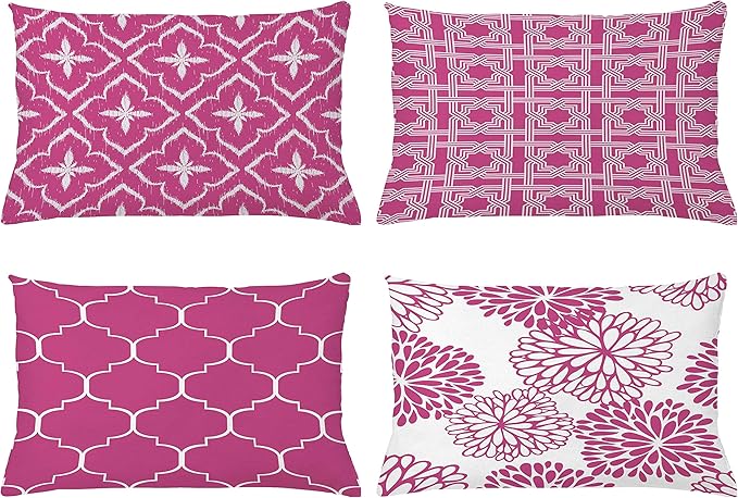 Ambesonne Vintage Throw Pillow CushiCase Pack 4, Monochrome Design Grid Trellis Quatrefoil Mesh Dahlia Flowers Modern Print, Modern Accent Double-Sided Digital Printing, 20" x 12", Pink and White