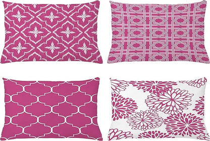 Ambesonne Vintage Throw Pillow CushiCase Pack 4, Monochrome Design Grid Trellis Quatrefoil Mesh Dahlia Flowers Modern Print, Modern Accent Double-Sided Digital Printing, 20" x 12", Pink and White