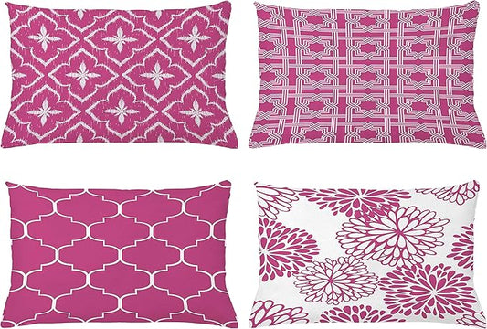 Ambesonne Vintage Throw Pillow CushiCase Pack 4, Monochrome Design Grid Trellis Quatrefoil Mesh Dahlia Flowers Modern Print, Modern Accent Double-Sided Digital Printing, 20" x 12", Pink and White