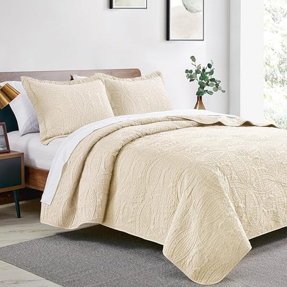 Love's cabin Quilts for Queen Bed Beige Bedspreads Bedding Set - Summer Lightweight Bedspread Comforter - Coin Pattern Bedding Coverlet for All Season - 3 Pieces (1 Quilt, 2 Pillow Shams)
