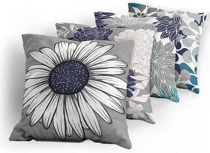 Ambesonne Floral Throw Pillow Cushion Case Pack of 4, Flower Petals Modern Color Palette Cold Tones Chamomile Peony Dahlia Sunflower, Modern Accent Double-Sided Digital Printing, 24", Grey Navy Blue