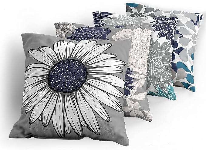Ambesonne Floral Throw Pillow Cushion Case Pack of 4, Flower Petals Modern Color Palette Cold Tones Chamomile Peony Dahlia Sunflower, Modern Accent Double-Sided Digital Printing, 18", Grey Navy Blue