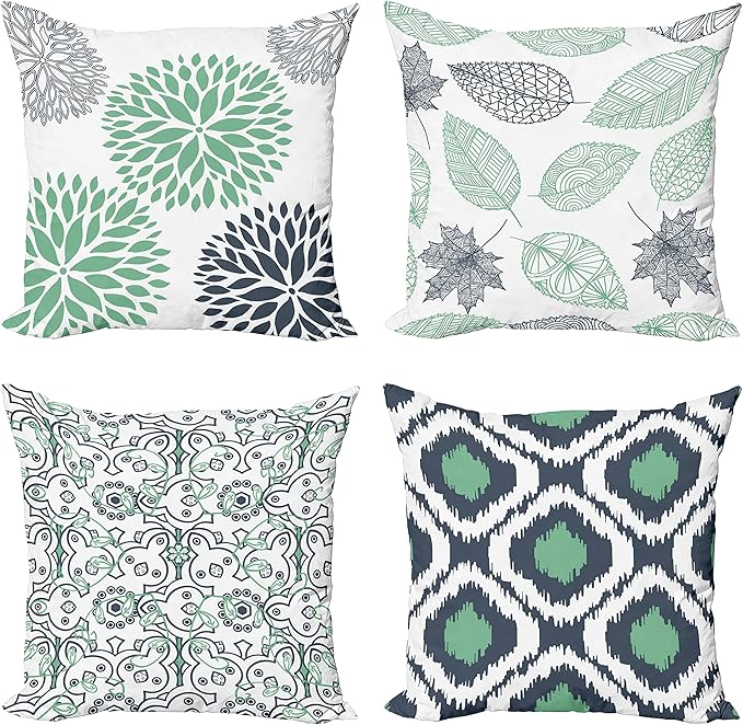 Ambesonne Vintage Throw Pillow Cushion Case Pack of 4, Bohemian Ornamental Leaves Dahlia Pattern Geometric Art Curlicue Motif, Modern Accent Double-Sided Digital Printing, 20", Dark Blue and Sea Green