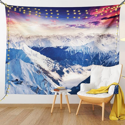 Ambesonne Europe Tapestry, Mountain Peak Snowy Winter Colorful Sky Sunbeams Adventure Austria, Wide Wall Hanging for Bedroom Living Room Dorm, 80" X 60", Coral Night