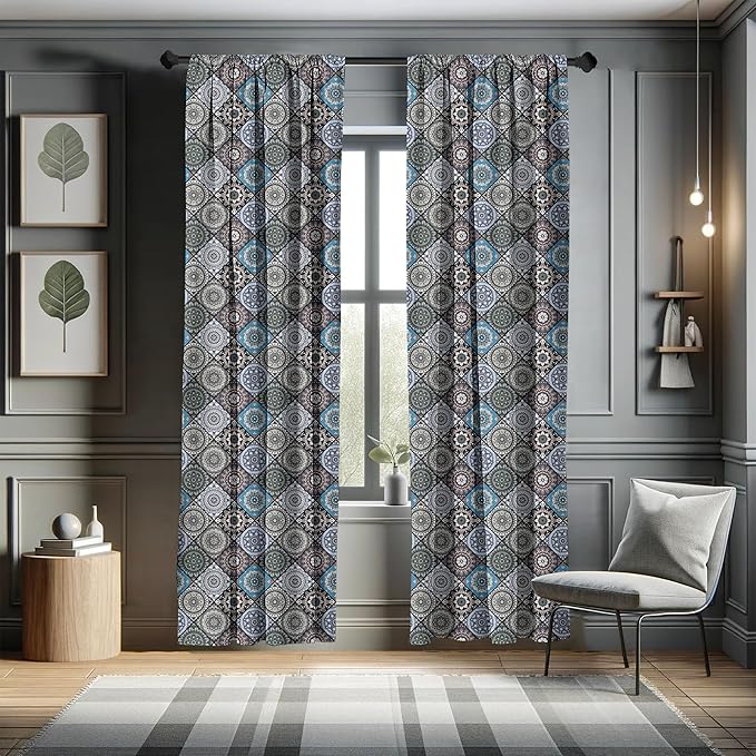 Ambesonne Moroccan Curtains, Detailed Flower Designs with Checkered Pattern and Antique Cultural Inspirations, Window Treatments 2 Panel Set for Living Room Bedroom, Pair of - 28" x 95", Blue Black