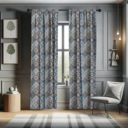 Ambesonne Moroccan Curtains, Detailed Flower Designs with Checkered Pattern and Antique Cultural Inspirations, Window Treatments 2 Panel Set for Living Room Bedroom, Pair of - 28" x 95", Blue Black