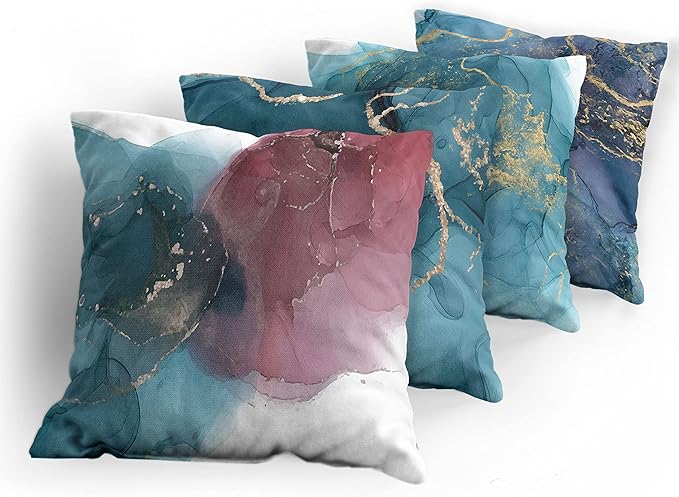 Ambesonne Marble Print Throw Pillow Cushion Case Pack of 4, Modern Style Hazy Stains and Blots Shadowy Effect Watercolor Look, Modern Accent Double-Sided Digital Printing, 24", Teal Pale Ruby Mustard