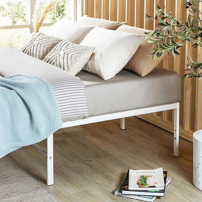 Best Price Mattress 18 Inch Metal Platform Bed Frame, Heavy Duty Steel Slats, White, Twin