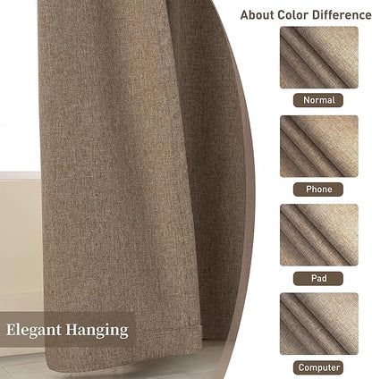 KangBang Brown Linen Blackout Curtains 72x84 Inch, Extra Wide Linen Window Drapes for Large Windows Full Light Blocking Loop Pocket Back Tab Track System Drapes for Living Room, Biscuit