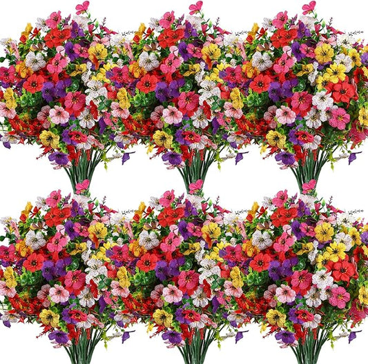 SHareconn 48 Bundles Artificial Flowers for Outdoors, Faux Plants Fake Silk Colorful Daisy Eucalyptus Lavender, UV Resistant for Outside Home Porch Patio Spring Decor, RedRosyPurpleYellowPinkWhite