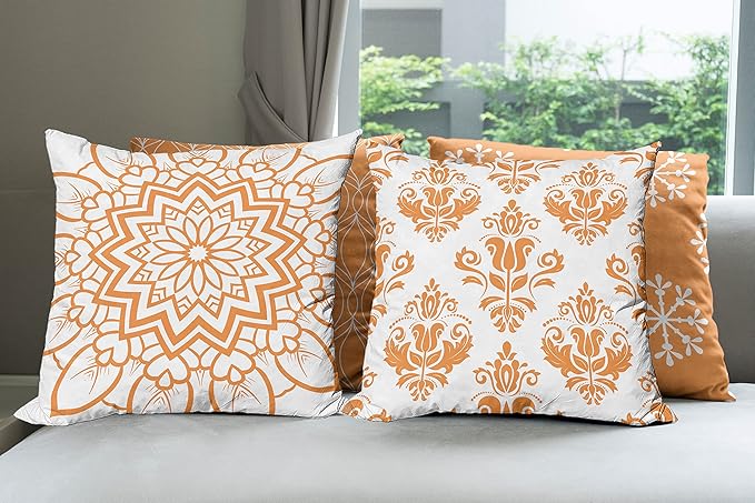 Ambesonne Retro Throw Pillow Cushion Case Pack of 4, Trellis Grid Medieval Floral Damask Mandala Flower Ornament in Modern Monochrome, Modern Accent Double-Sided Digital Printing, 24", Burnt Orange