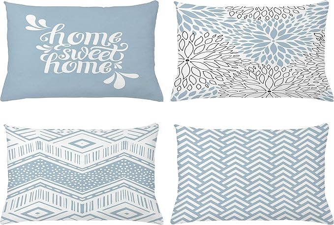 Ambesonne Geometric Throw Pillow CushiCase Pack 4, Home Phrase Minimal Zigzag Squama Dahlia Flower Petals ChevrTribal, Modern Accent Double-Sided Digital Printing, 20" x 12", Pale Blue Grey White