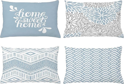 Ambesonne Geometric Throw Pillow CushiCase Pack 4, Home Phrase Minimal Zigzag Squama Dahlia Flower Petals ChevrTribal, Modern Accent Double-Sided Digital Printing, 20" x 12", Pale Blue Grey White