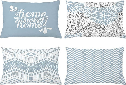 Ambesonne Geometric Throw Pillow CushiCase Pack 4, Home Phrase Minimal Zigzag Squama Dahlia Flower Petals ChevrTribal, Modern Accent Double-Sided Digital Printing, 20" x 12", Pale Blue Grey White