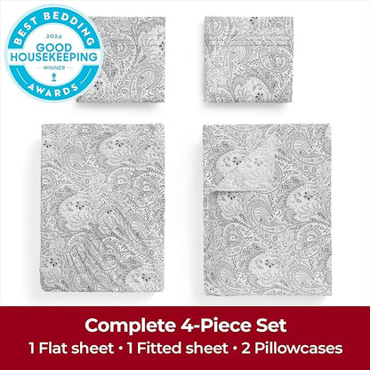 Mellanni Queen Sheets Set - 4 PC Iconic Collection Bedding - Hotel Luxury, Extra Soft, Cooling Bed Sheets - Wrinkle, Fade, Stain Resistant (Queen, Paisley Gray)