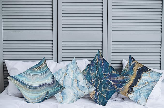 Ambesonne Marble Print Throw Pillow Cushion Case Pack of 4, Modern Themed Pastel Stone Stain Look Veins Marbling Aquatic Tones, Modern Accent Double-Sided Digital Printing, 20", Pale Blue Indigo