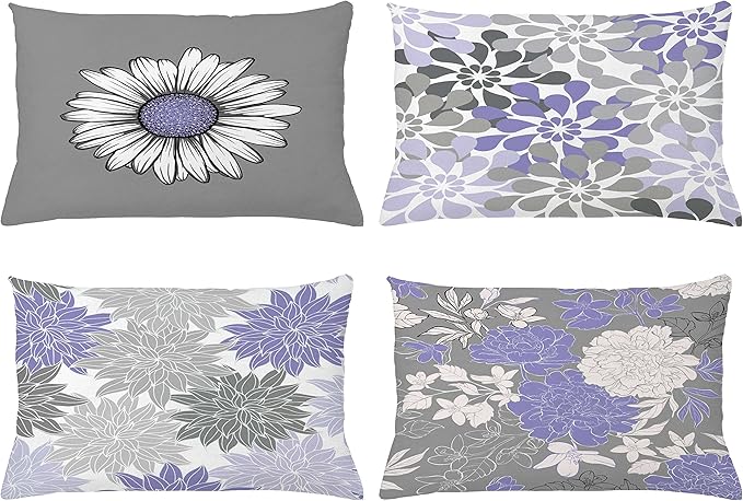 Ambesonne Floral Throw Pillow CushiCase Pack 4, Flower Petals Modern Color Palette Chamomile Peony Dahlia Sunflower Print, Modern Accent Double-Sided Digital Printing, 20" x 12", Lavender and Grey