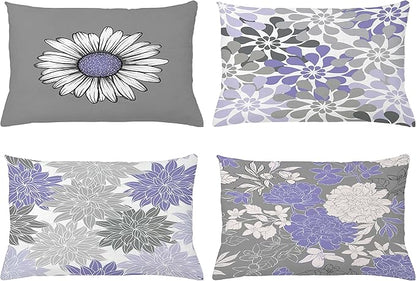 Ambesonne Floral Throw Pillow CushiCase Pack 4, Flower Petals Modern Color Palette Chamomile Peony Dahlia Sunflower Print, Modern Accent Double-Sided Digital Printing, 20" x 12", Lavender and Grey