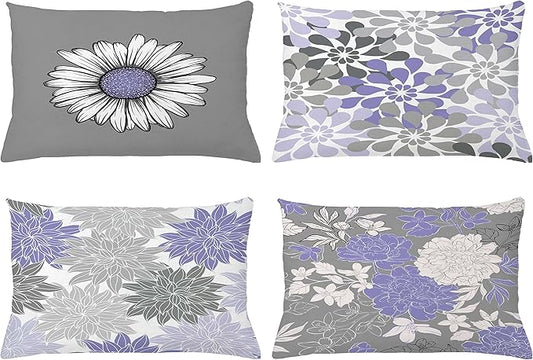 Ambesonne Floral Throw Pillow CushiCase Pack 4, Flower Petals Modern Color Palette Chamomile Peony Dahlia Sunflower Print, Modern Accent Double-Sided Digital Printing, 20" x 12", Lavender and Grey