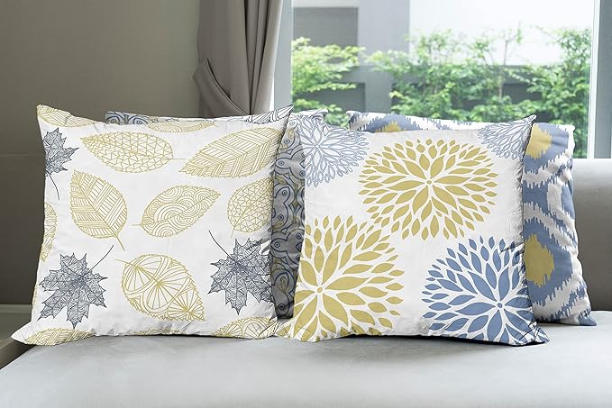 Ambesonne Vintage Throw Pillow Cushion Case Pack of 4, Double-Sided Bohemian Leaves Dahlia Pattern Geometric Art Curlicue, Motif for Modern Home Accent Digital Printing, 20", Mustard Dark Ceil Blue