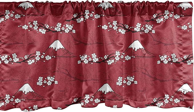 Lunarable Japanese Window Valance, Traditional Art Sakura Blossoms Abstract Hill Mountains Illustration, Curtain Valance for Kitchen Bedroom Decor with Rod Pocket, 54" X 18", Raspberry White