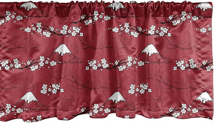 Lunarable Japanese Window Valance, Traditional Art Sakura Blossoms Abstract Hill Mountains Illustration, Curtain Valance for Kitchen Bedroom Decor with Rod Pocket, 54" X 18", Raspberry White
