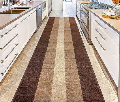 Custom Size Modern Geometric Pattern Carpet Runner Rug for Hallways, Slip Resistant Latex Rubber Backed, 31 inch Wide X Customized Length, Squares Brown, 31 inch X 12 feet