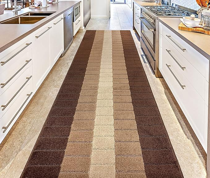 Custom Size Modern Geometric Pattern Carpet Runner Rug for Hallways, Slip Resistant Latex Rubber Backed, 31 inch Wide X Customized Length, Squares Brown, 31 inch X 21 feet
