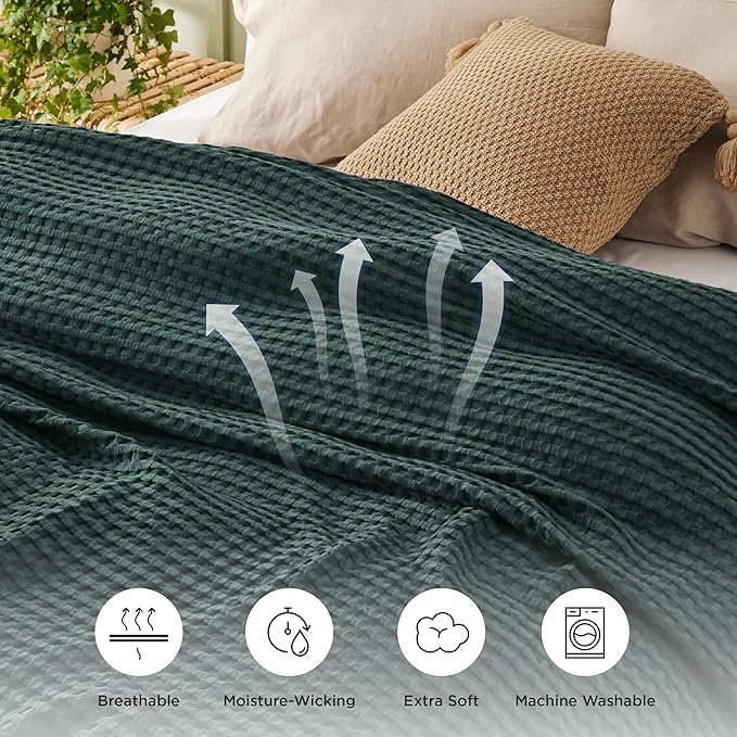 Bedsure Cooling Cotton Waffle Queen Size Blanket - Lightweight Breathable Blanket of Rayon Derived from Bamboo for Hot Sleepers, Luxury Throws for Bed, Couch and Sofa, Dark Green, 90x90 Inches