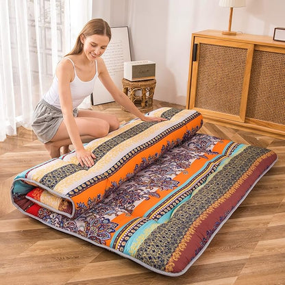 MAXYOYO Bohemian Retro Floor Mattress Vintage Floral Japanese Futon Mattress Roll Up Thicken Sleeping Bed Portable Camping Mattress Floor Lounger Couch Bed Mattress Pad, King Size