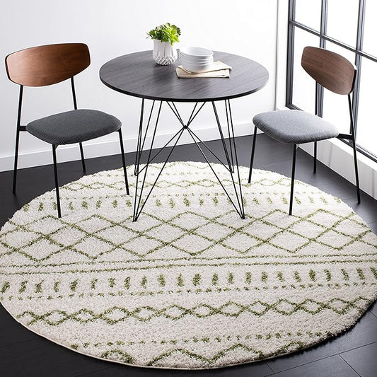 SAFAVIEH Arizona Shag Collection 6'7" Round Ivory/Green ASG741Y Moroccan Non-Shedding Entryway Foyer Living Room Bedroom Kitchen 1.2-inch Thick Area Rug