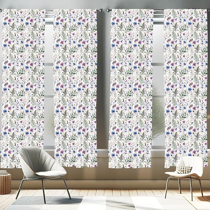 Ambesonne Thistle Window Curtains Pack of 2, Hand-Drawn Watercolor Style Summer Wildflowers Pattern as Cornflower and Thistle, Lightweight Set with Rod Pocket, 4 Panels of - 28" x 63", Green Blue