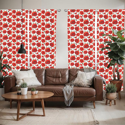 Ambesonne Poppy Flower Window Curtains Pack of 2, Springs Ladybugs Animals and Plants Flora Fauna Nature, Lightweight Set with Rod Pocket, 4 Panels of - 28" x 63", Burnt Orange Olive Green