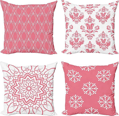 Ambesonne Retro Throw Pillow Cushion Case Pack of 4, Trellis Grid Medieval Floral Damask Mandala Flower Ornament in Modern Monochrome, Modern Accent Double-Sided Digital Printing, 24", Pastel Pink