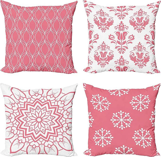 Ambesonne Retro Throw Pillow Cushion Case Pack of 4, Trellis Grid Medieval Floral Damask Mandala Flower Ornament in Modern Monochrome, Modern Accent Double-Sided Digital Printing, 20", Pastel Pink