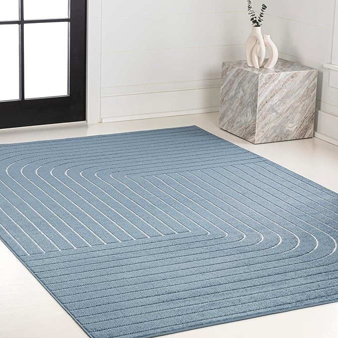 Eyely NCS101D-4 Odense High-Low Minimalist Angle Geometric Dark Blue/Cream 4 ft. x 6 ft. Indoor/Outdoor Area Rug, for Home, Backyard, Patio, Porch, Bedroom, Kitchen, Living Room