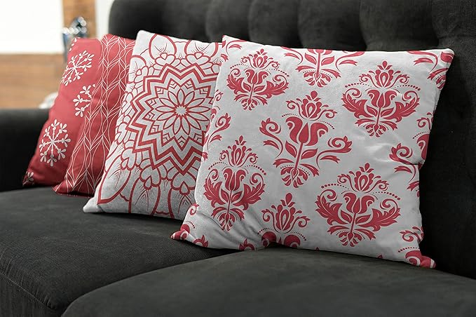 Ambesonne Retro Throw Pillow Cushion Case Pack of 4, Trellis Grid Medieval Floral Damask Mandala Flower Ornament in Modern Monochrome, Modern Accent Double-Sided Digital Printing, 24", Dark Coral