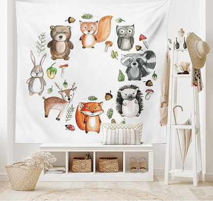 Lunarable Woodland Tapestry, Animals of The Forest Mushrooms Acorns Circular Frame Cartoon Pastel Colors, Wide Wall Hanging for Bedroom Living Room Dorm, 60" X 40", Multicolor