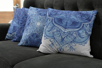 Ambesonne Ethnic Throw Pillow Cushion Case Pack of 4, Mandala Inspired Folk Art Themed Creative Motifs Mosaic Like Illustration Print, Modern Accent Double-Sided Digital Printing, 18", Blue White