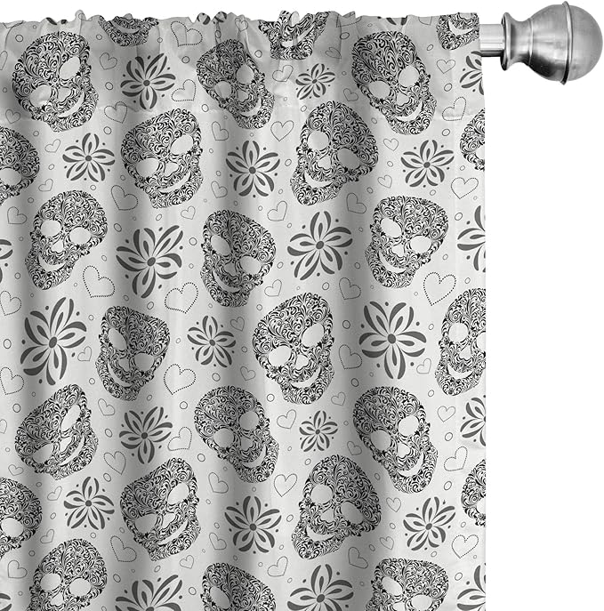 Ambesonne Skull Curtains, Abstract Floral Skulls Daisies Hearts Circles Illustration Vintage Style Print, Window Treatments 2 Panel Set for Living Room Bedroom, Pair of - 28" x 63", Black and White