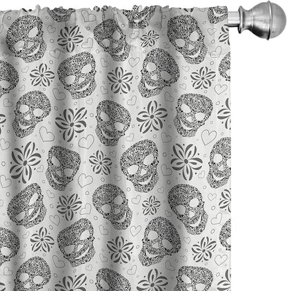 Ambesonne Skull Curtains, Abstract Floral Skulls Daisies Hearts Circles Illustration Vintage Style Print, Window Treatments 2 Panel Set for Living Room Bedroom, Pair of - 28" x 84", Black and White
