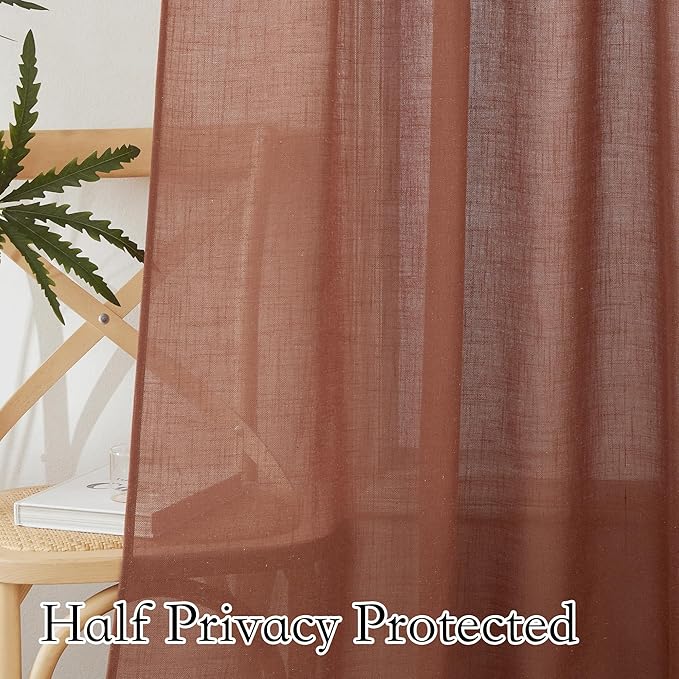 RYB HOME Linen Curtains 95 inches Long, Airy Breathable Absorbent Curtains & Drapes, Light Filter Half Privacy Protect for Sliding Door, Doorway, Living Room, Nursery, Wide 52", 2 Panels, Terracotta